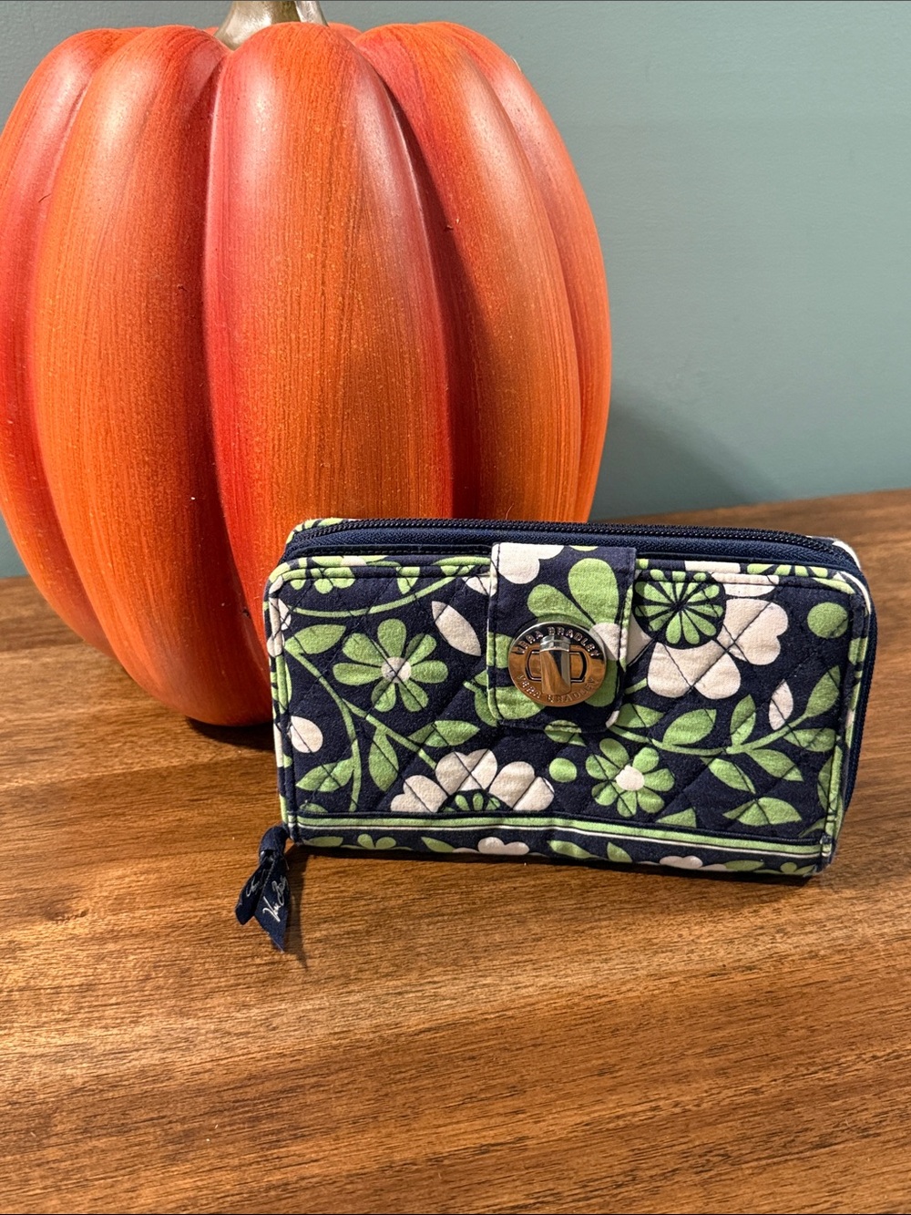 Vera Bradley Navy Floral Quilted Zip Wallet with Green Accents